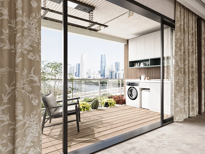 Home Balcony Interior with Wooden Flooring City View Washing Machine Dryer Cabinets and Green Plants 3d model 