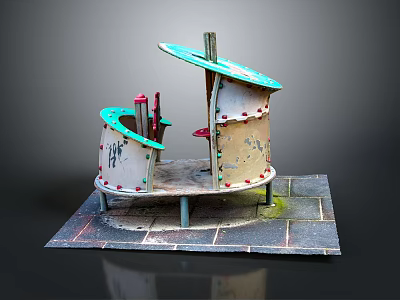 Architectural Model Featuring Green Curved Roof Red Pillars Wheels At Base And Stone Slab 3d model