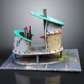 Architectural Model Featuring Green Curved Roof Red Pillars Wheels At Base And Stone Slab