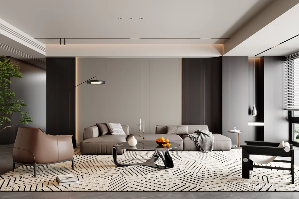 Modern Sofa Coffee Table Set With Gray Sofa Brown Armchair And Geometric Rug 3d model 