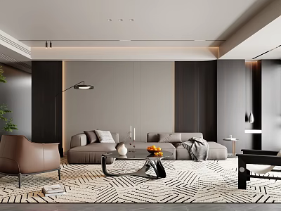Modern Sofa Coffee Table Set With Gray Sofa Brown Armchair And Geometric Rug 3d model