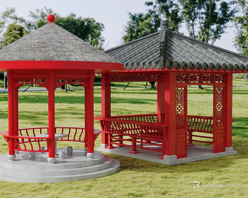 Ancient Chinese Red Pavilions With Carved Railings Thatch And Tile Roofs On Green Lawn 3d model 