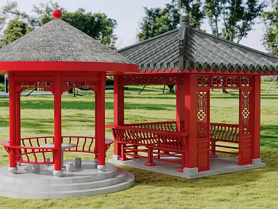 Ancient Chinese Red Pavilions With Carved Railings Thatch And Tile Roofs On Green Lawn 3d model