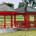 Ancient Chinese Red Pavilions With Carved Railings Thatch And Tile Roofs On Green Lawn
