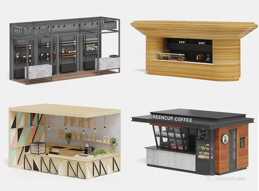 Various Storefront Models Featuring Retail Cafe Kiosk Interior Exterior Designs 3d model