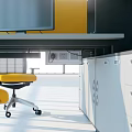 Modern Office Desk in Open Workspace with Computer Yellow Chair and Storage Cabinets
