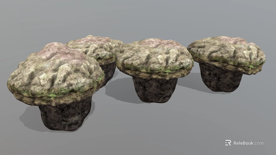 Set of Four Natural Mushroom Shaped Wooden Stone Decorative Pieces With Textured Surface 3d model 