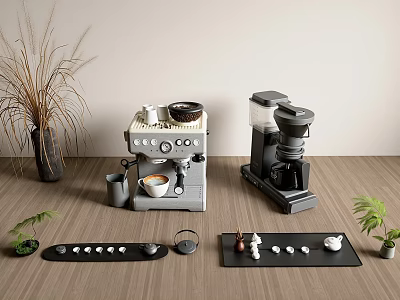 Commercial Coffee Machines And Blenders With Coffee Cups Decorative Items And Small Plants 3d model