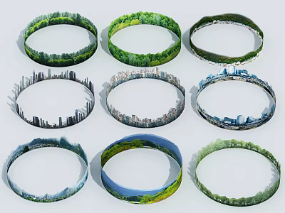 Ring Shaped Decorative Elements Featuring Natural Scenery And Urban Skyline 3d model