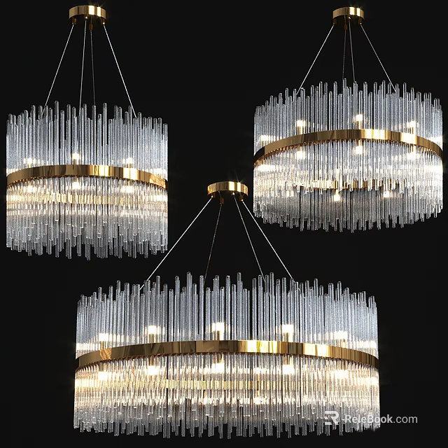 Three Modern Crystal Chandeliers With Gold Accent Rings And Illuminated Long Crystal Strips 3d model 