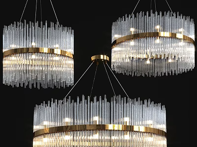 Three Modern Crystal Chandeliers With Gold Accent Rings And Illuminated Long Crystal Strips 3d model
