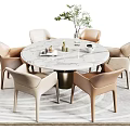 Round Marble Dining Table Set With Six Beige Chairs And Decorative Items On Patterned Rug 3d model