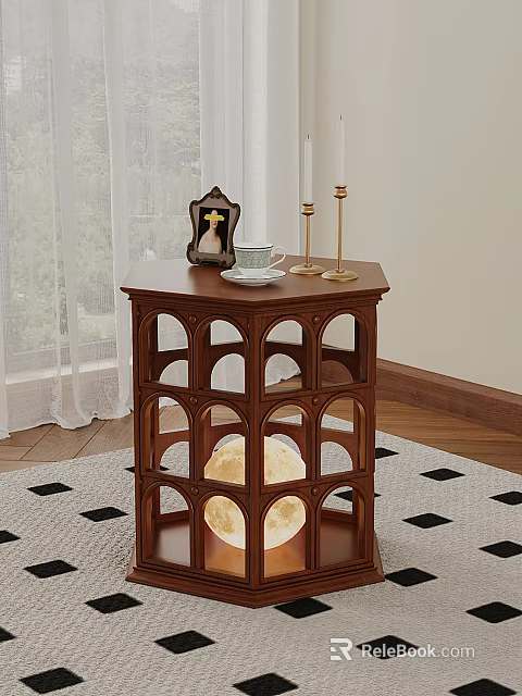 Wooden Carved Side Table Featuring Arched Openwork Design With Photo Frame Teacup Candle Holders 3d model 