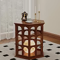 Wooden Carved Side Table Featuring Arched Openwork Design With Photo Frame Teacup Candle Holders