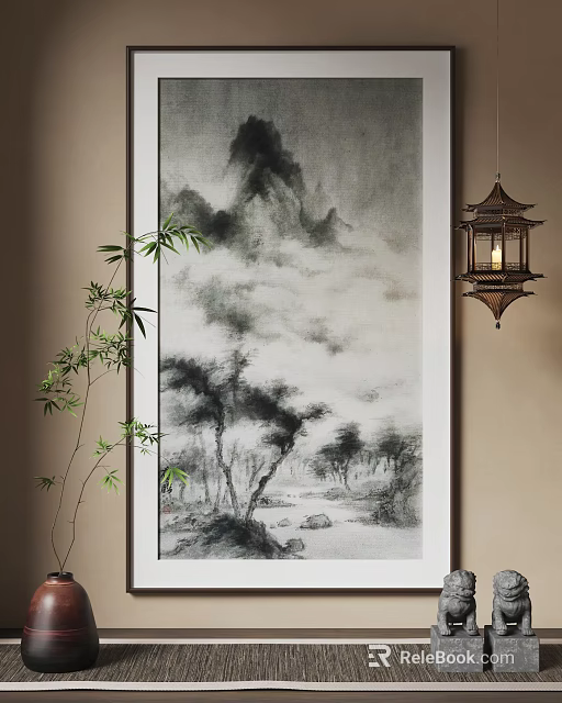 Traditional Chinese Ink Landscape Painting with Misty Mountains Clouds Trees Bamboo and Lantern 3d model 