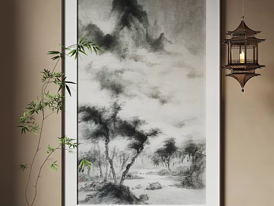 Traditional Chinese Ink Landscape Painting with Misty Mountains Clouds Trees Bamboo and Lantern 3d model