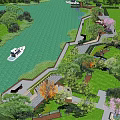 Scenic Park Landscape Along Waterfront With Boats Pathway Lawns Trees And Benches