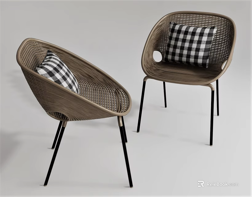 Two Woven Rattan Leisure Chairs with Black Legs and Black White Checkered Cushions 3d model 