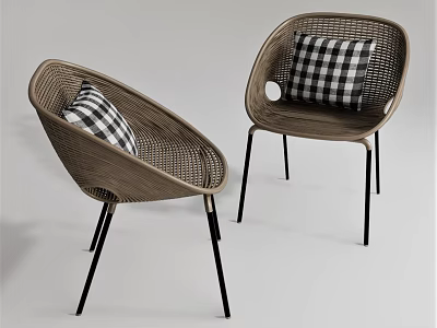 Two Woven Rattan Leisure Chairs with Black Legs and Black White Checkered Cushions 3d model