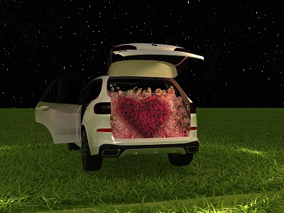 White SUV Open Trunk Filled With Red Roses Under Starry Night Sky And Green Grass 3d model