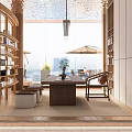 Modern Sales Office Interior With Comfortable Sofas Bookshelves Pendant Lights And Scenic Views