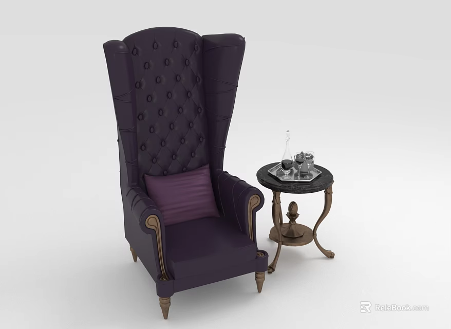 Elegant Purple Single Sofa with Tufted Design Golden Armrests and Small Round Side Table 3d model 