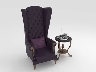 Elegant Purple Single Sofa with Tufted Design Golden Armrests and Small Round Side Table 3d model