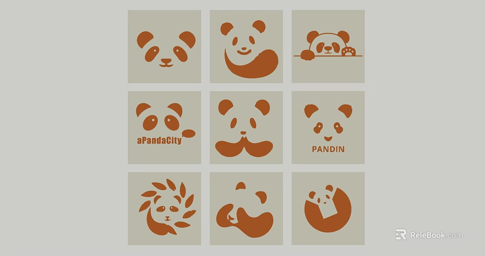 Various Brown Panda Icon Designs With Apandabily And Pandin Logos 3d model 