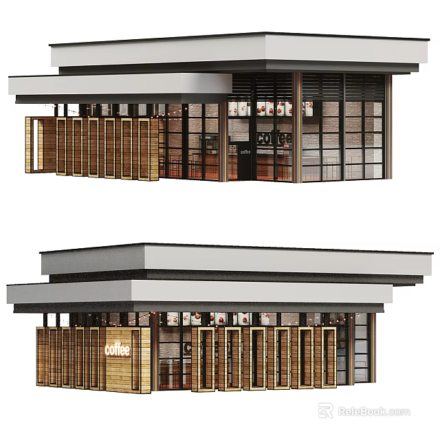 Modern Cafe Exterior With Wooden Shutters Glass Facade And Coffee Signboard 3d model 