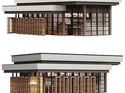 Modern Cafe Exterior With Wooden Shutters Glass Facade And Coffee Signboard 3d model