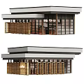 Modern Cafe Exterior With Wooden Shutters Glass Facade And Coffee Signboard