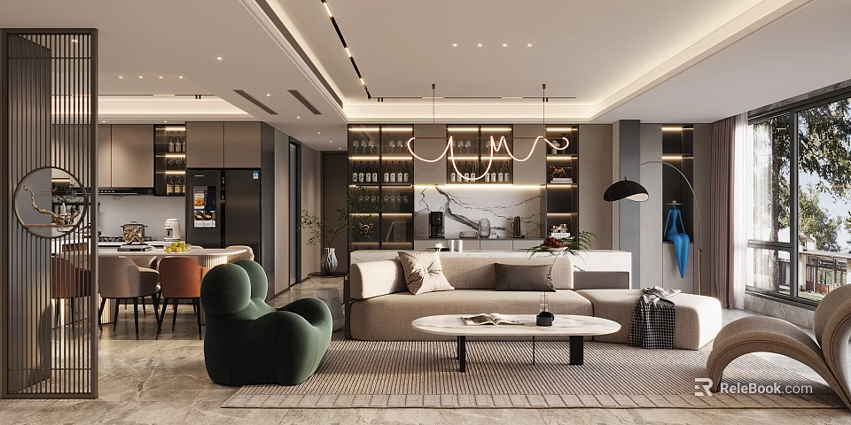Elegant Modern Living and Dining Room With Sofa Coffee Table Chandelier And Display Shelves 3d model 