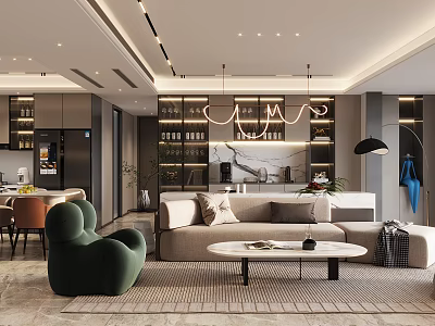 Elegant Modern Living and Dining Room With Sofa Coffee Table Chandelier And Display Shelves 3d model