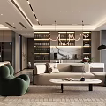 Elegant Modern Living and Dining Room With Sofa Coffee Table Chandelier And Display Shelves