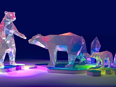 Colorful Glowing Low Poly Bear And Fox Animal Sculptures Design 3d model