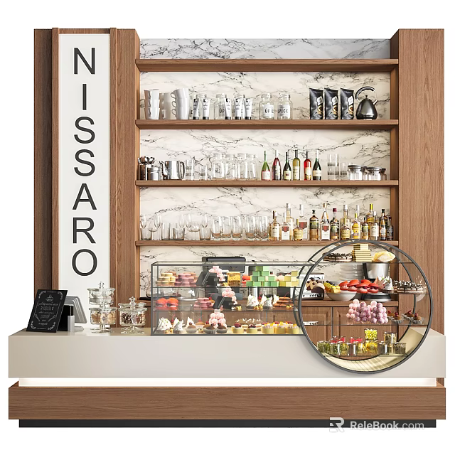 Elegant Bar Counter With Wooden Shelves Marble Backsplash Glass Display Cases And Pastries 3d model 