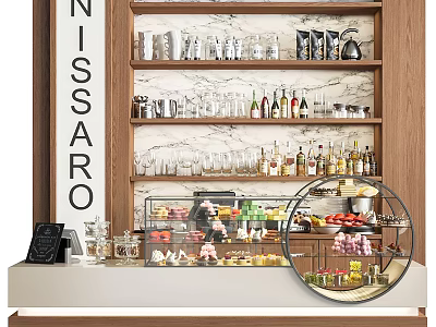 Elegant Bar Counter With Wooden Shelves Marble Backsplash Glass Display Cases And Pastries 3d model