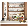 Elegant Bar Counter With Wooden Shelves Marble Backsplash Glass Display Cases And Pastries