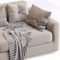 Comfortable Beige Multi Seater Sofa With Plaid Striped Blankets And Decorative Pillows