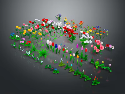Colorful Assortment of Flowers and Green Plants with Red Yellow Pink and White Blooms 3d model