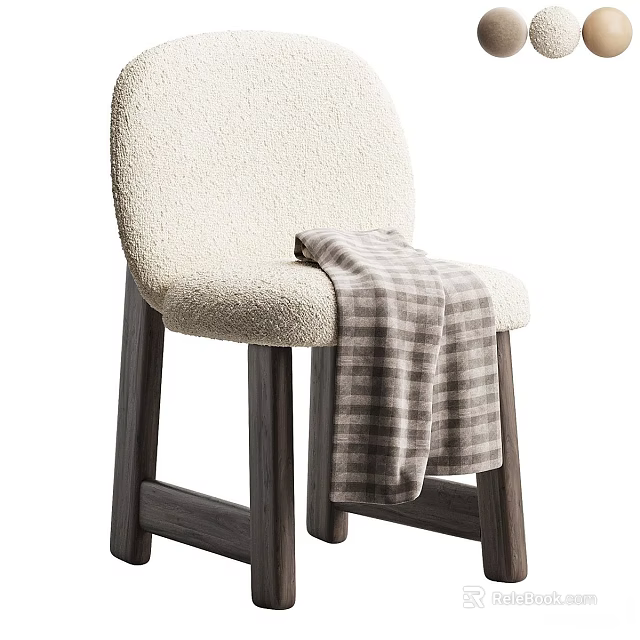 Modern Beige Boucle Leisure Chair With Dark Solid Wood Legs And Cozy Plaid Throw Blanket 3d model 
