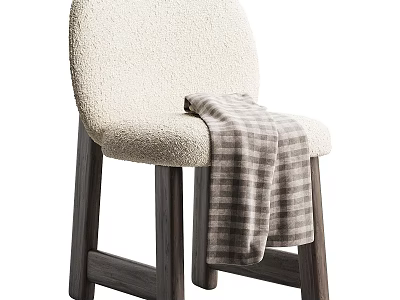 Modern Beige Boucle Leisure Chair With Dark Solid Wood Legs And Cozy Plaid Throw Blanket 3d model