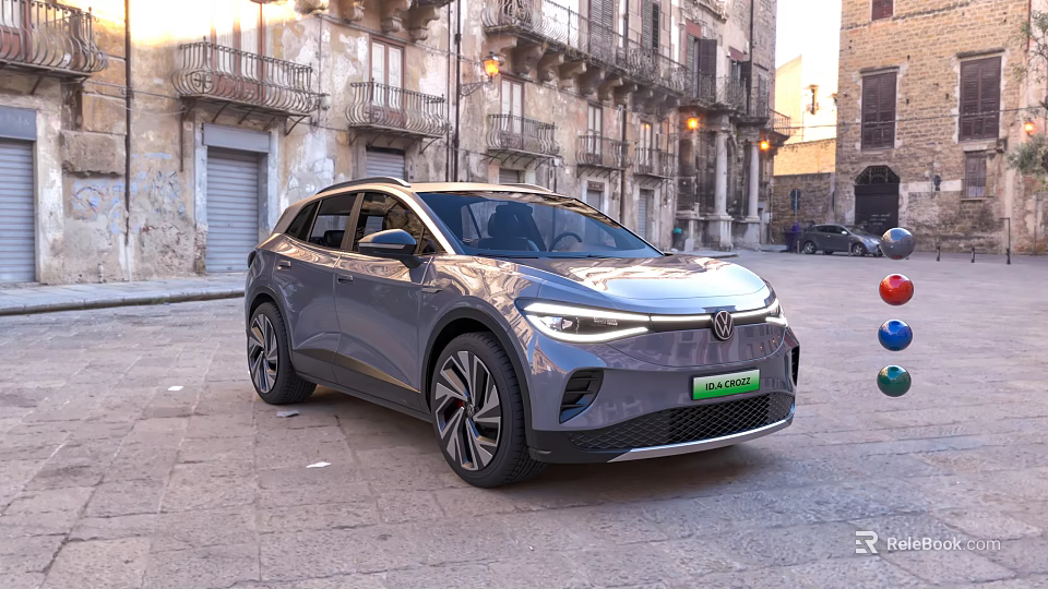 Gray Electric SUV Parked On Historic European Town Street With Modern Design 3d model 