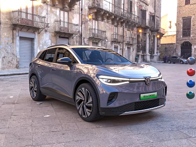 Gray Electric SUV Parked On Historic European Town Street With Modern Design 3d model