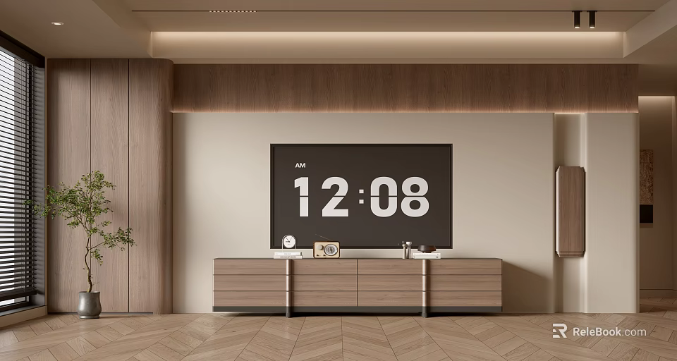 Modern Minimalist TV Wall Design With Wooden Panels And Stylish TV Stand 3d model 