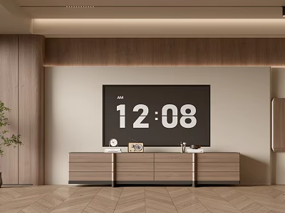 Modern Minimalist TV Wall Design With Wooden Panels And Stylish TV Stand 3d model