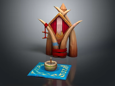 Traditional Decorative Building With Pointed Roof Red Door Wooden Horns Blue Rug And Small Candle 3d model