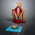 Traditional Decorative Building With Pointed Roof Red Door Wooden Horns Blue Rug And Small Candle