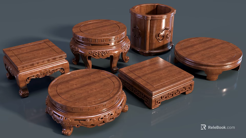 Traditional Wooden Carved Bases With Different Shapes And Decorative Patterns 3d model 