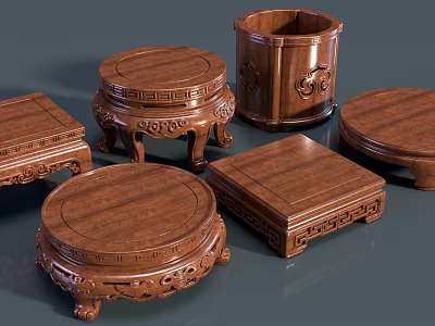 Traditional Wooden Carved Bases With Different Shapes And Decorative Patterns 3d model